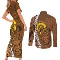 Vanuatu Coconut Crab Couples Matching Short Sleeve Bodycon Dress and Long Sleeve Button Shirt Ni-Van Tropical Leaves With Sand Drawing Art