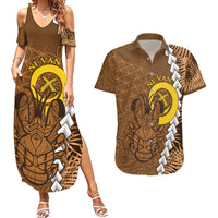 Vanuatu Coconut Crab Couples Matching Summer Maxi Dress and Hawaiian Shirt Ni-Van Tropical Leaves With Sand Drawing Art LT14 Brown - Polynesian Pride