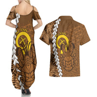 Vanuatu Coconut Crab Couples Matching Summer Maxi Dress and Hawaiian Shirt Ni-Van Tropical Leaves With Sand Drawing Art LT14 - Polynesian Pride