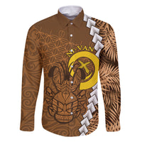 Vanuatu Coconut Crab Family Matching Off The Shoulder Long Sleeve Dress and Hawaiian Shirt Ni-Van Tropical Leaves With Sand Drawing Art LT14 Dad's Shirt - Long Sleeve Brown - Polynesian Pride