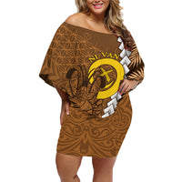 Vanuatu Coconut Crab Family Matching Off Shoulder Short Dress and Hawaiian Shirt Ni-Van Tropical Leaves With Sand Drawing Art LT14 Mom's Dress Brown - Polynesian Pride