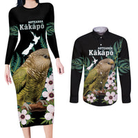 Personalised New Zealand Kakapo Couples Matching Long Sleeve Bodycon Dress and Long Sleeve Button Shirt Aotearoa Fern With Manuka LT14 Black - Polynesian Pride