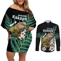 Personalised New Zealand Kakapo Couples Matching Off Shoulder Short Dress and Long Sleeve Button Shirt Aotearoa Fern With Manuka LT14 Black - Polynesian Pride