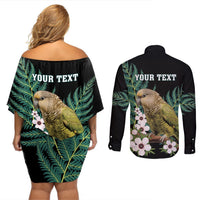 Personalised New Zealand Kakapo Couples Matching Off Shoulder Short Dress and Long Sleeve Button Shirt Aotearoa Fern With Manuka LT14 - Polynesian Pride