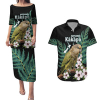 Personalised New Zealand Kakapo Couples Matching Puletasi and Hawaiian Shirt Aotearoa Fern With Manuka LT14 Black - Polynesian Pride