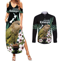 Personalised New Zealand Kakapo Couples Matching Summer Maxi Dress and Long Sleeve Button Shirt Aotearoa Fern With Manuka LT14 Black - Polynesian Pride