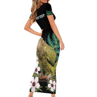 Personalised New Zealand Kakapo Short Sleeve Bodycon Dress Aotearoa Fern With Manuka LT14 - Polynesian Pride