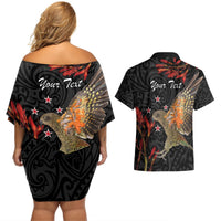 Personalised New Zealand Kea Couples Matching Off Shoulder Short Dress and Hawaiian Shirt Nestor Notabilis With Harakeke Maori Pattern LT14 - Polynesian Pride