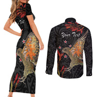 Personalised New Zealand Kea Couples Matching Short Sleeve Bodycon Dress and Long Sleeve Button Shirt Nestor Notabilis With Harakeke Maori Pattern