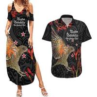 Personalised New Zealand Kea Couples Matching Summer Maxi Dress and Hawaiian Shirt Nestor Notabilis With Harakeke Maori Pattern LT14 Black - Polynesian Pride