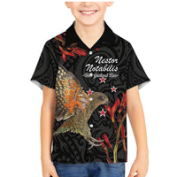 Personalised New Zealand Kea Family Matching Mermaid Dress and Hawaiian Shirt Nestor Notabilis With Harakeke Maori Pattern LT14 Son's Shirt Black - Polynesian Pride
