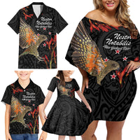 Personalised New Zealand Kea Family Matching Off Shoulder Short Dress and Hawaiian Shirt Nestor Notabilis With Harakeke Maori Pattern LT14 - Polynesian Pride