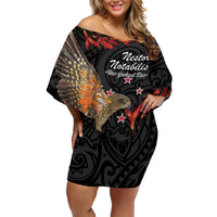 Personalised New Zealand Kea Family Matching Off Shoulder Short Dress and Hawaiian Shirt Nestor Notabilis With Harakeke Maori Pattern LT14 Mom's Dress Black - Polynesian Pride