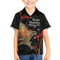 Personalised New Zealand Kea Family Matching Off Shoulder Short Dress and Hawaiian Shirt Nestor Notabilis With Harakeke Maori Pattern LT14 Son's Shirt Black - Polynesian Pride
