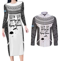 Custom Fiji Tapa Rugby Couples Matching Long Sleeve Bodycon Dress and Long Sleeve Button Shirt Flying Fijian Black And White Version LT14 Black - Polynesian Pride