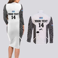 Custom Fiji Tapa Rugby Couples Matching Long Sleeve Bodycon Dress and Long Sleeve Button Shirt Flying Fijian Black And White Version LT14 - Polynesian Pride