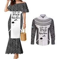 Custom Fiji Tapa Rugby Couples Matching Mermaid Dress and Long Sleeve Button Shirt Flying Fijian Black And White Version LT14 Black - Polynesian Pride