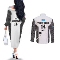Custom Fiji Tapa Rugby Couples Matching Off The Shoulder Long Sleeve Dress and Long Sleeve Button Shirt Flying Fijian Black And White Version LT14 - Polynesian Pride