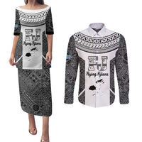 Custom Fiji Tapa Rugby Couples Matching Puletasi and Long Sleeve Button Shirt Flying Fijian Black And White Version