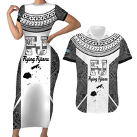 Custom Fiji Tapa Rugby Couples Matching Short Sleeve Bodycon Dress and Hawaiian Shirt Flying Fijian Black And White Version LT14 Black - Polynesian Pride