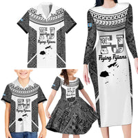 Custom Fiji Tapa Rugby Family Matching Long Sleeve Bodycon Dress and Hawaiian Shirt Flying Fijian Black And White Version LT14 - Polynesian Pride