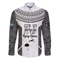 Custom Fiji Tapa Rugby Family Matching Off The Shoulder Long Sleeve Dress and Hawaiian Shirt Flying Fijian Black And White Version LT14 Dad's Shirt - Long Sleeve Black - Polynesian Pride