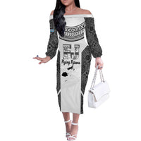 Custom Fiji Tapa Rugby Family Matching Off The Shoulder Long Sleeve Dress and Hawaiian Shirt Flying Fijian Black And White Version LT14 Mom's Dress Black - Polynesian Pride