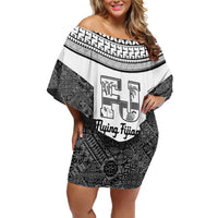 Custom Fiji Tapa Rugby Family Matching Off Shoulder Short Dress and Hawaiian Shirt Flying Fijian Black And White Version LT14 Mom's Dress Black - Polynesian Pride