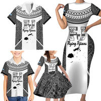 Custom Fiji Tapa Rugby Family Matching Short Sleeve Bodycon Dress and Hawaiian Shirt Flying Fijian Black And White Version LT14 - Polynesian Pride