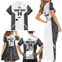 Custom Fiji Tapa Rugby Family Matching Short Sleeve Bodycon Dress and Hawaiian Shirt Flying Fijian Black And White Version LT14 - Polynesian Pride