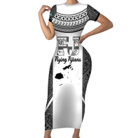 Custom Fiji Tapa Rugby Family Matching Short Sleeve Bodycon Dress and Hawaiian Shirt Flying Fijian Black And White Version LT14 Mom's Dress Black - Polynesian Pride
