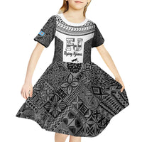Custom Fiji Tapa Rugby Kid Short Sleeve Dress Flying Fijian Black And White Version