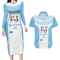 Custom Fiji Tapa Rugby Couples Matching Long Sleeve Bodycon Dress and Hawaiian Shirt Flying Fijian Blue And White Version LT14 Blue - Polynesian Pride