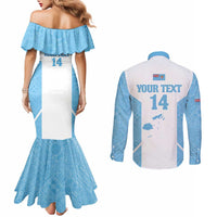 Custom Fiji Tapa Rugby Couples Matching Mermaid Dress and Long Sleeve Button Shirt Flying Fijian Blue And White Version LT14 - Polynesian Pride