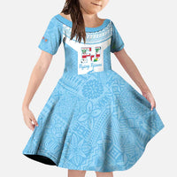 Custom Fiji Tapa Rugby Family Matching Long Sleeve Bodycon Dress and Hawaiian Shirt Flying Fijian Blue And White Version LT14 Daughter's Dress Blue - Polynesian Pride