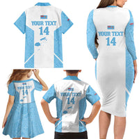 Custom Fiji Tapa Rugby Family Matching Long Sleeve Bodycon Dress and Hawaiian Shirt Flying Fijian Blue And White Version LT14 - Polynesian Pride
