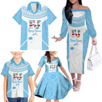 Custom Fiji Tapa Rugby Family Matching Off The Shoulder Long Sleeve Dress and Hawaiian Shirt Flying Fijian Blue And White Version LT14 - Polynesian Pride