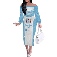 Custom Fiji Tapa Rugby Family Matching Off The Shoulder Long Sleeve Dress and Hawaiian Shirt Flying Fijian Blue And White Version LT14 Mom's Dress Blue - Polynesian Pride