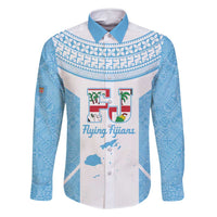 Custom Fiji Tapa Rugby Family Matching Off Shoulder Short Dress and Hawaiian Shirt Flying Fijian Blue And White Version LT14 Dad's Shirt - Long Sleeve Blue - Polynesian Pride