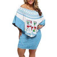 Custom Fiji Tapa Rugby Family Matching Off Shoulder Short Dress and Hawaiian Shirt Flying Fijian Blue And White Version LT14 Mom's Dress Blue - Polynesian Pride