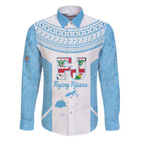 Custom Fiji Tapa Rugby Family Matching Short Sleeve Bodycon Dress and Hawaiian Shirt Flying Fijian Blue And White Version LT14 Dad's Shirt - Long Sleeve Blue - Polynesian Pride