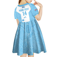 Custom Fiji Tapa Rugby Kid Short Sleeve Dress Flying Fijian Blue And White Version