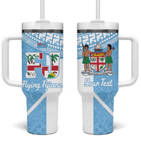 Custom Fiji Tapa Rugby Tumbler With Handle Flying Fijian Blue And White Version