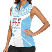 Custom Fiji Tapa Rugby Women Sleeveless Polo Shirt Flying Fijian Blue And White Version