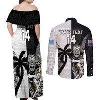 Custom Fiji And New Zealand Rugby Couples Matching Off Shoulder Maxi Dress and Long Sleeve Button Shirt Aotearoa Silver Fern Mix Fijian Tapa Pattern LT14 - Polynesian Pride