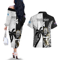 Custom Fiji And New Zealand Rugby Couples Matching Off The Shoulder Long Sleeve Dress and Hawaiian Shirt Aotearoa Silver Fern Mix Fijian Tapa Pattern LT14 - Polynesian Pride