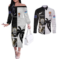 Custom Fiji And New Zealand Rugby Couples Matching Off The Shoulder Long Sleeve Dress and Long Sleeve Button Shirt Aotearoa Silver Fern Mix Fijian Tapa Pattern LT14 Black - Polynesian Pride