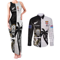 Custom Fiji And New Zealand Rugby Couples Matching Tank Maxi Dress and Long Sleeve Button Shirt Aotearoa Silver Fern Mix Fijian Tapa Pattern LT14 Black - Polynesian Pride