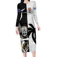 Custom Fiji And New Zealand Rugby Family Matching Long Sleeve Bodycon Dress and Hawaiian Shirt Aotearoa Silver Fern Mix Fijian Tapa Pattern LT14 Mom's Dress Black - Polynesian Pride