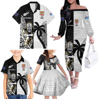 Custom Fiji And New Zealand Rugby Family Matching Off The Shoulder Long Sleeve Dress and Hawaiian Shirt Aotearoa Silver Fern Mix Fijian Tapa Pattern LT14 - Polynesian Pride